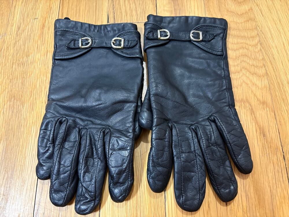 80s Vintage Moto Goth Genuine Black Leather Buckle Accent Gloves M Lined